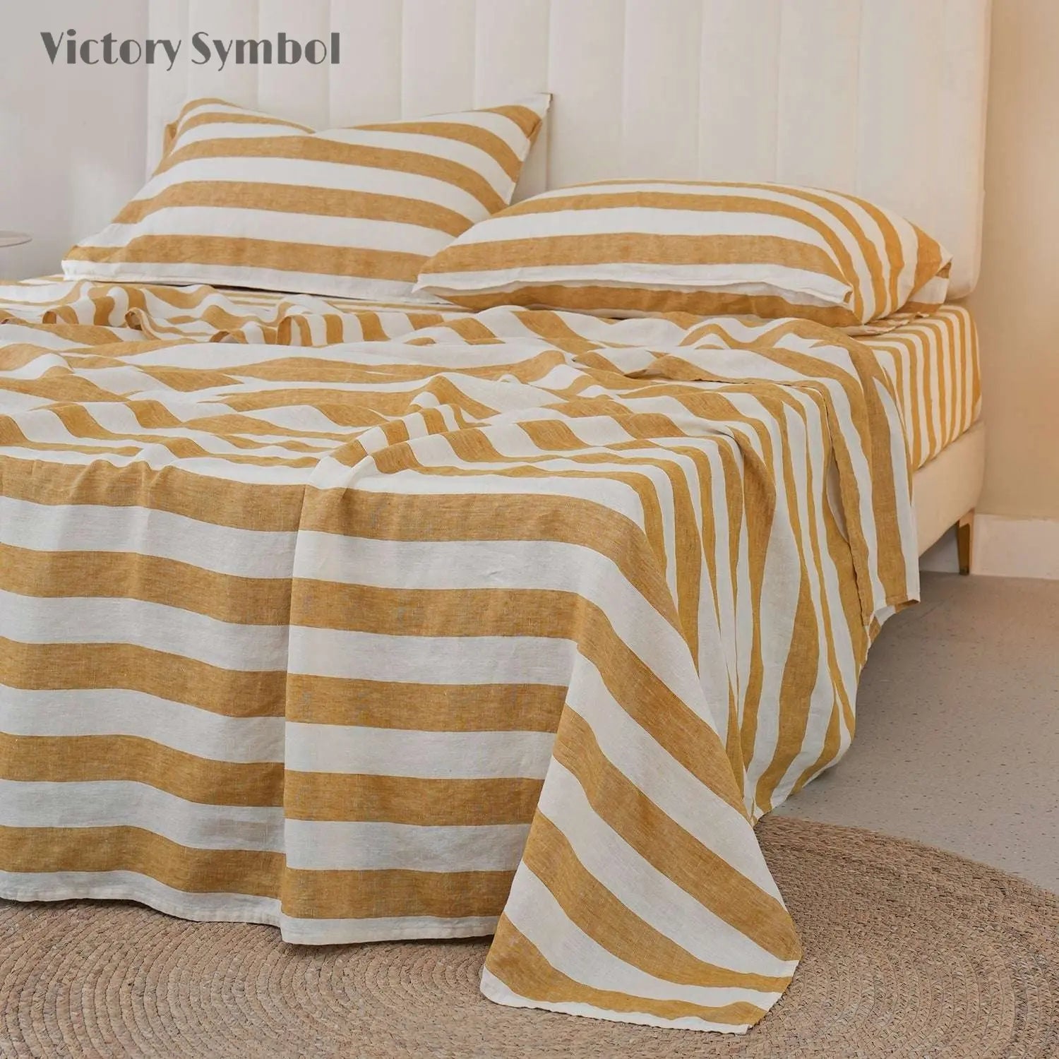 Yellow Stripe 100% Organic Linen Yarn Dyed Flat Sheet - Victory Symbol