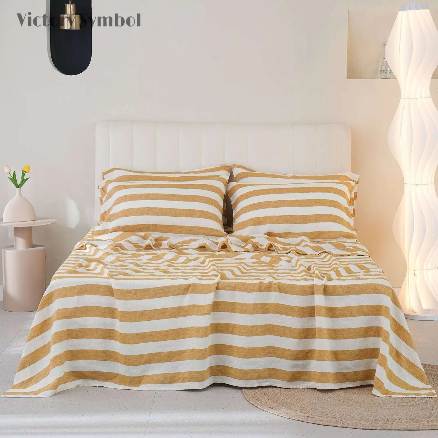 Yellow Stripe 100% Organic Linen Yarn Dyed Flat Sheet - Victory Symbol