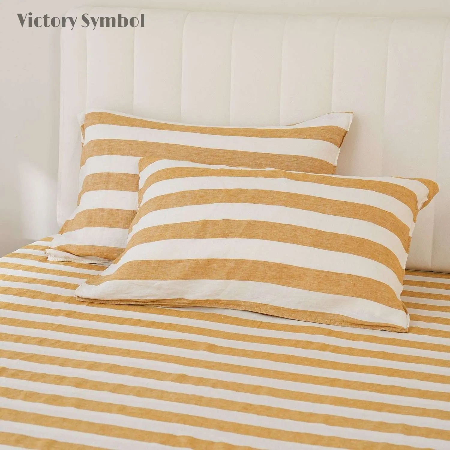 Yellow Stripe 100% Organic Linen Yarn Dyed Pillowcases - Victory Symbol