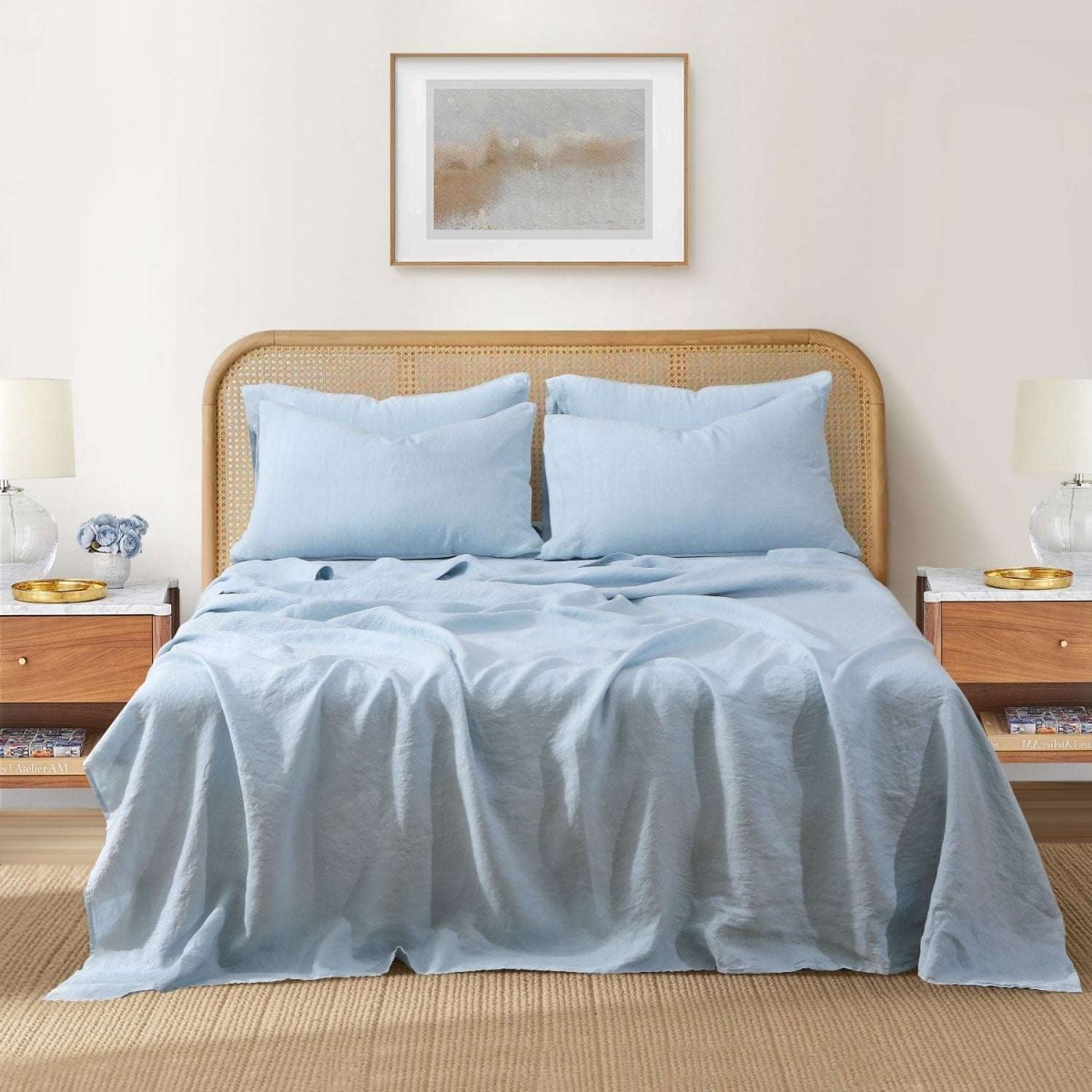 Aqua Blue 100% Organic Linen Sheets Set - Victory Symbol