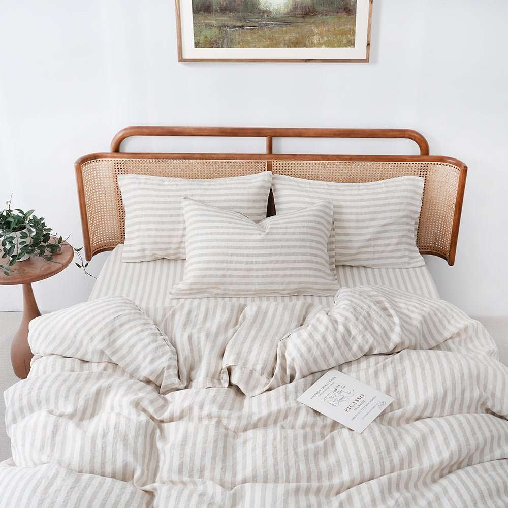 Beige Stripe 100% Organic Linen Yarn Dyed Duvet Cover(Only 1 Piece) - Victory Symbol