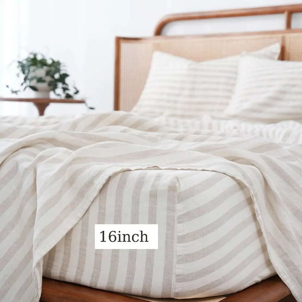 Beige Stripe 100% Organic Linen Yarn Dyed Fitted Sheet - Victory Symbol