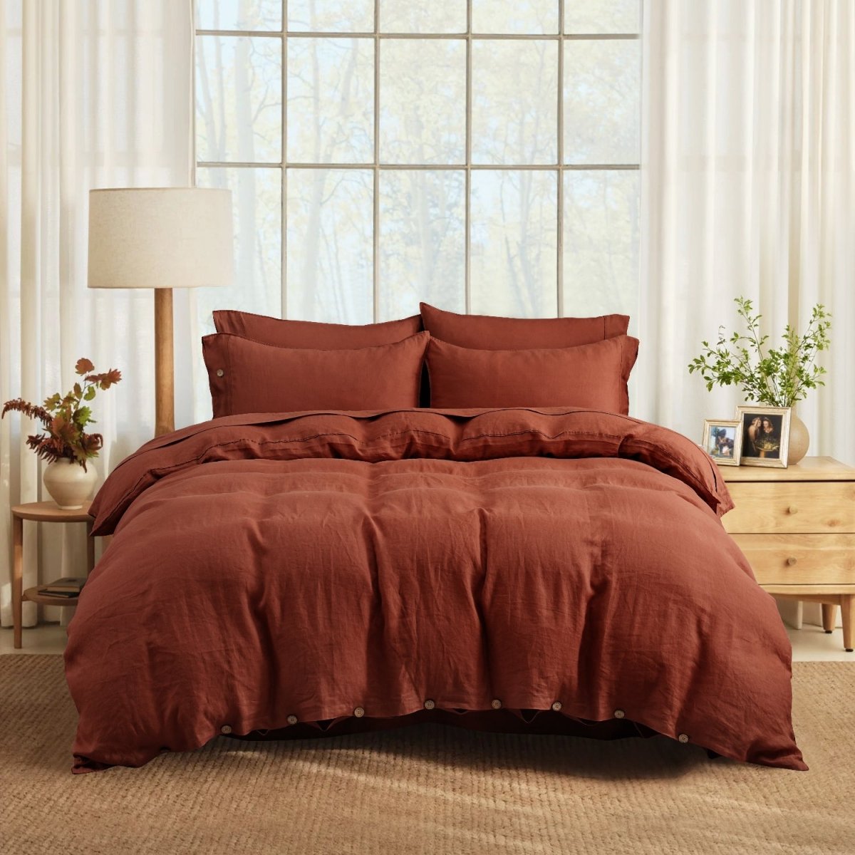 Burgundy 100% Organic Linen Duvet Cover Set - Victory Symbol