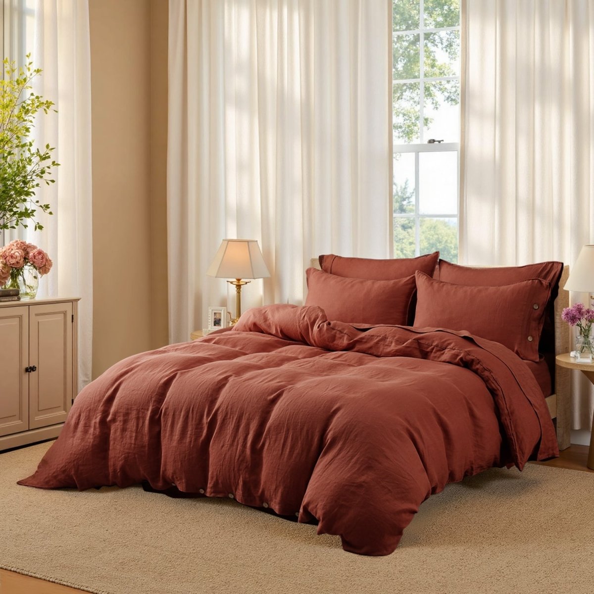 Burgundy 100% Organic Linen Duvet Cover Set - Victory Symbol