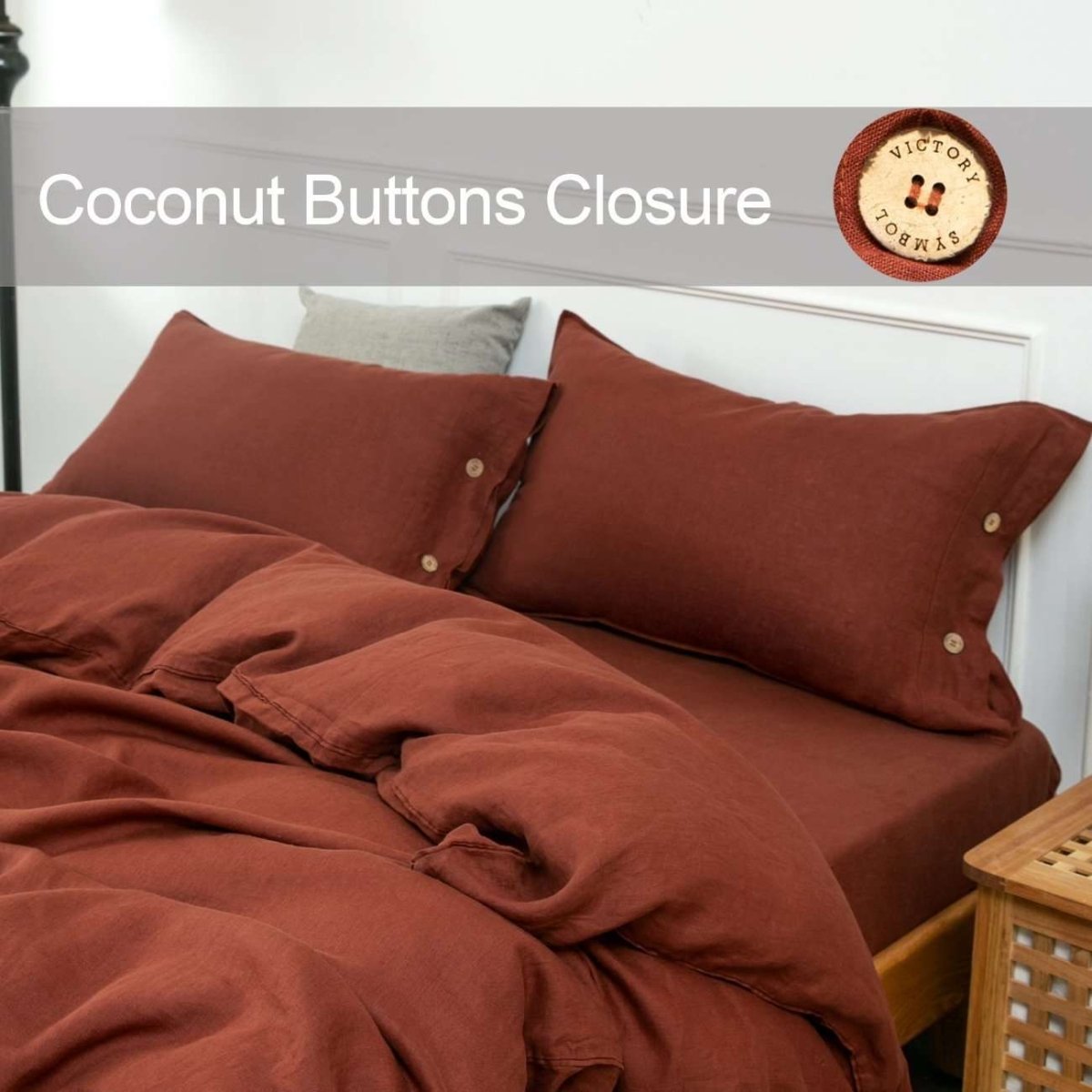 Burgundy 100% Organic Linen Pillowcases With Coconut Button Closure - Victory Symbol