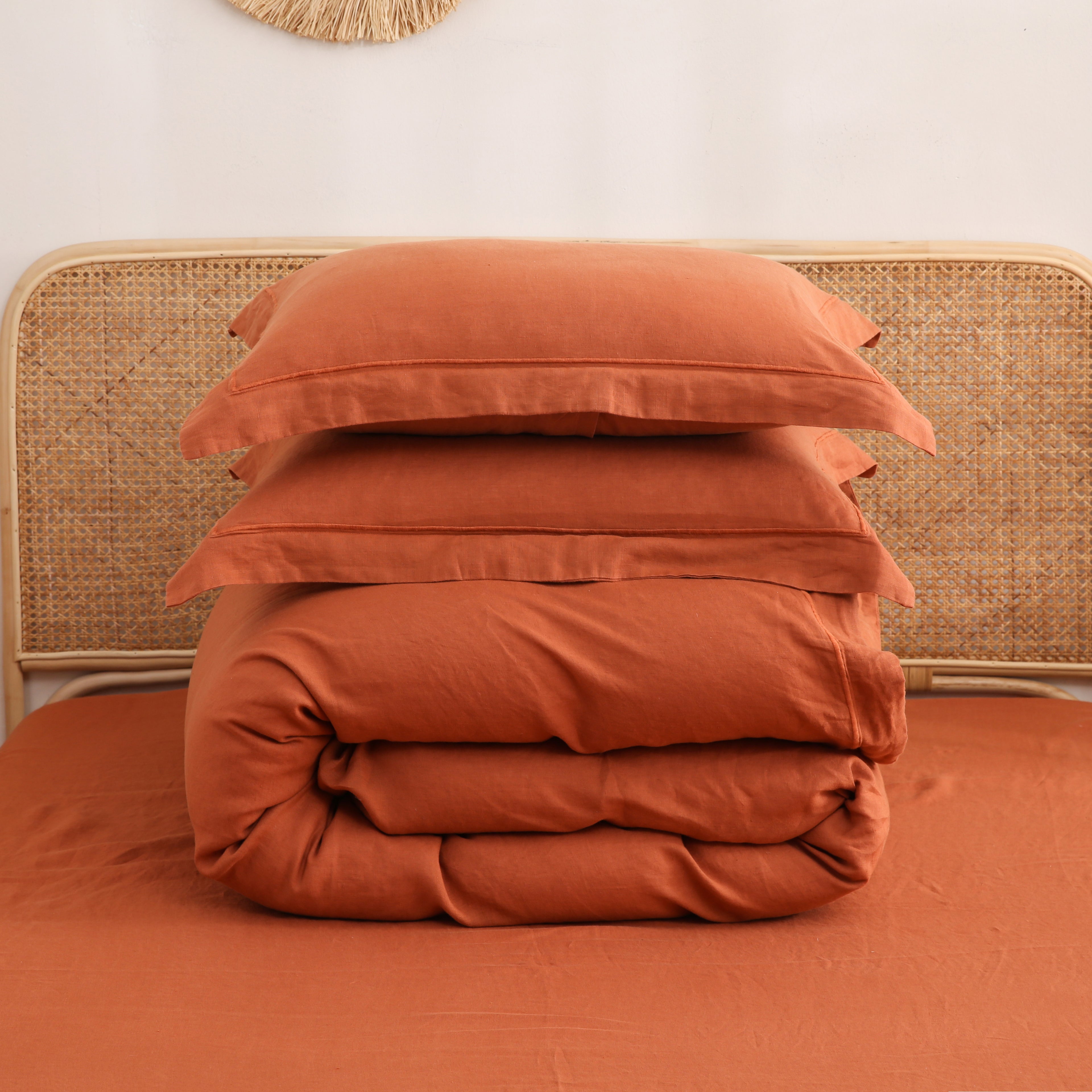 Caramel 100% Organic Linen Duvet Cover Set With Embroidery Line-Victory Symbol