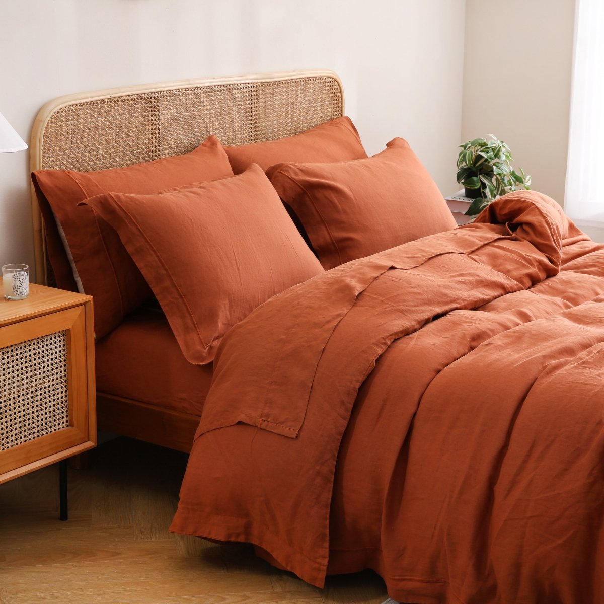 Caramel 100% Organic Linen Duvet Cover Set With Embroidery Line - Victory Symbol