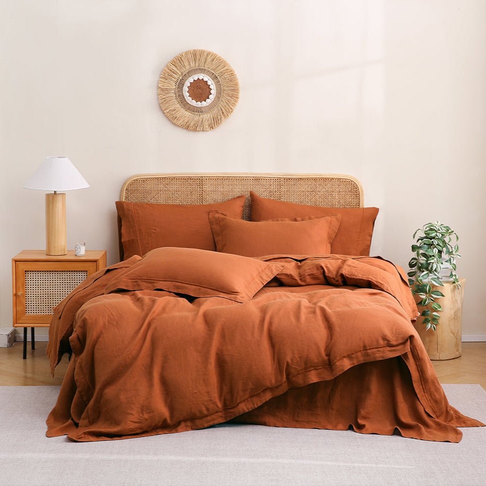Caramel 100% Organic Linen Duvet Cover Set With Embroidery Line - Victory Symbol