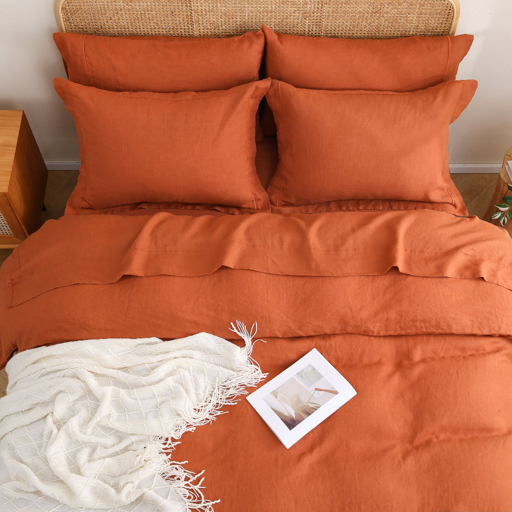 Caramel 100% Organic Linen Duvet Cover Set With Embroidery Line-Victory Symbol