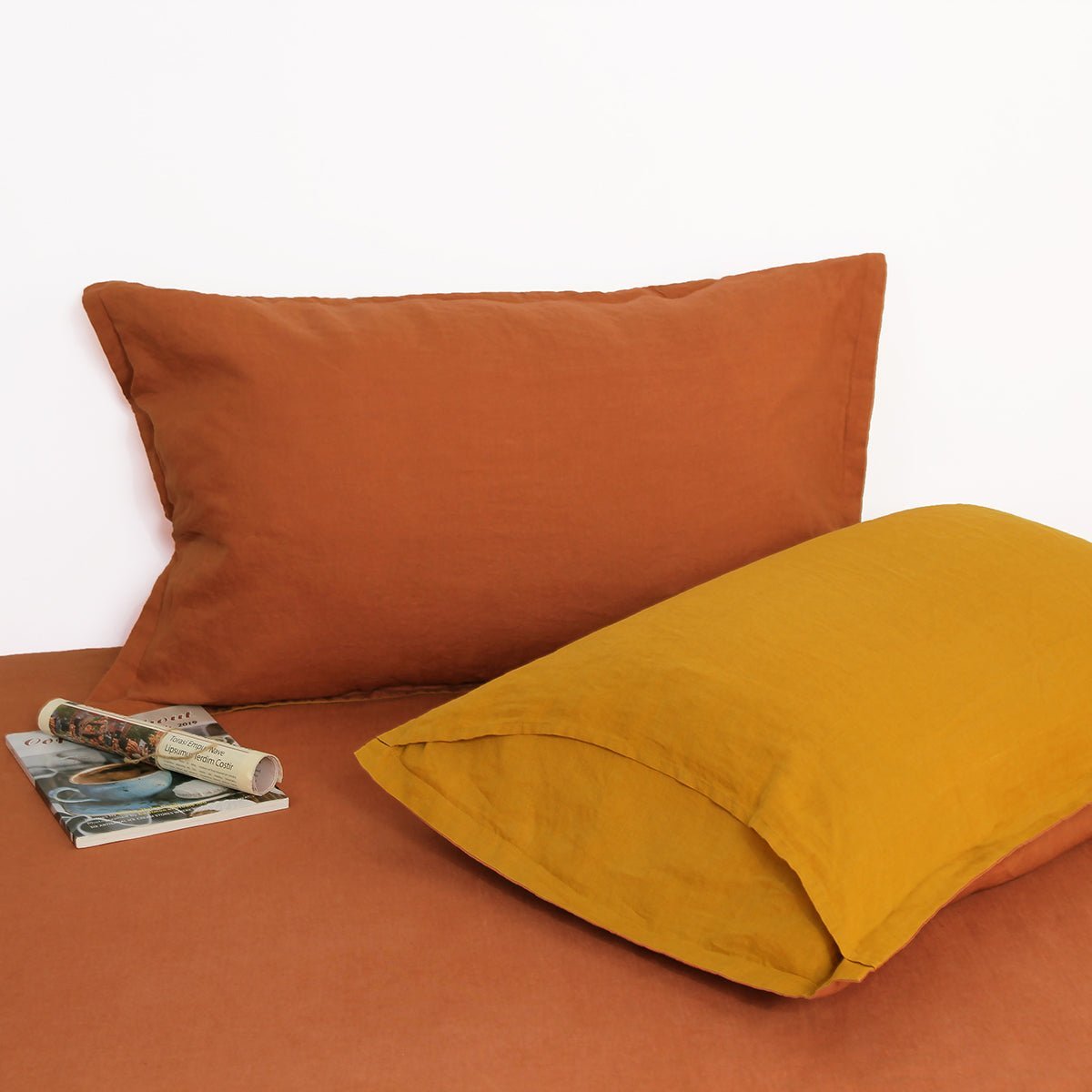 Caramel And Ginger Yellow Colorblock 100% Organic Linen Pillowcases - Victory Symbol