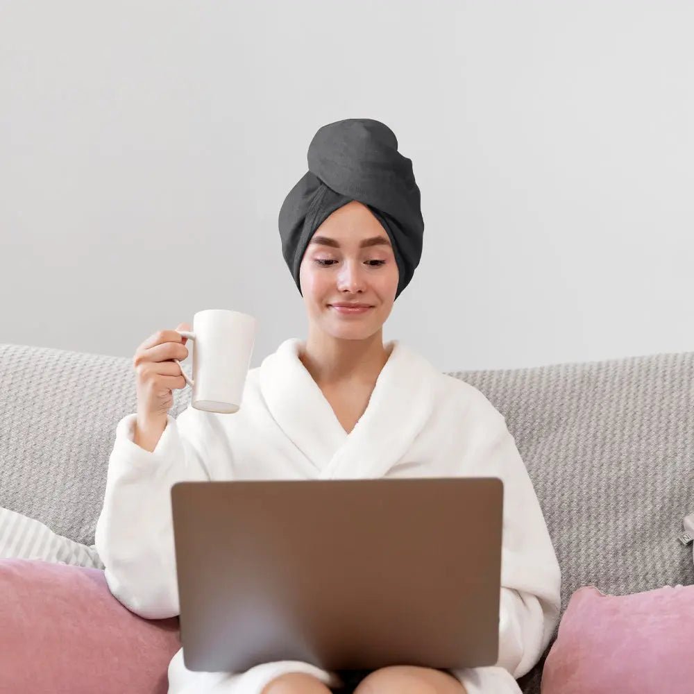 Charcoal Black + White 100% Organic French Linen 2 - Pack Hair Towel Wrap - Victory Symbol