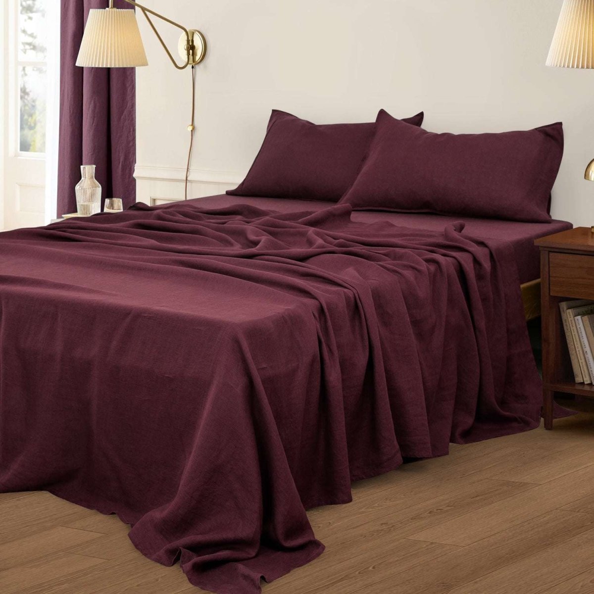 Claret Red 100% Organic Linen Flat Sheet - Victory Symbol