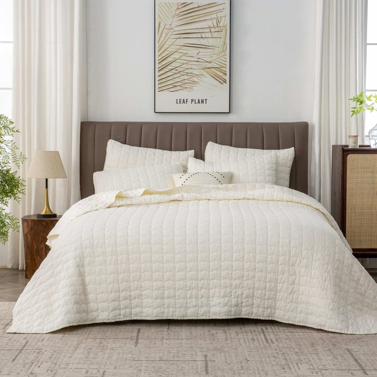 Creamy White 100% Organic Linen Quilt Set With Tile Pattern - Victory Symbol