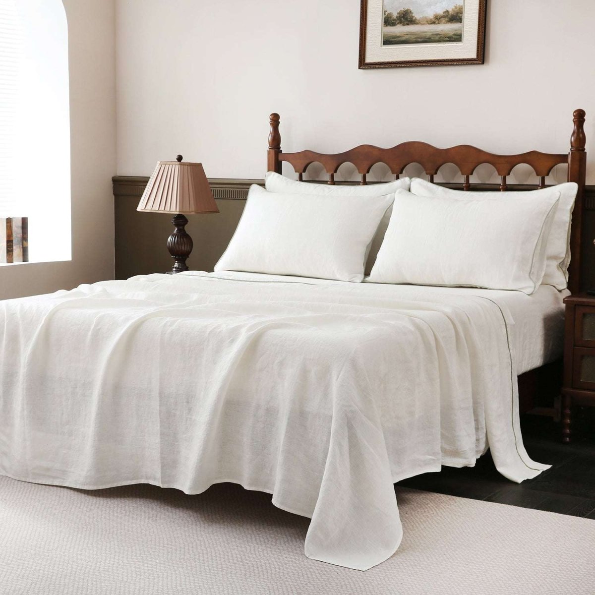 Creamy White With Mint Green Piping 100% Organic Linen Sheets Set - Victory Symbol
