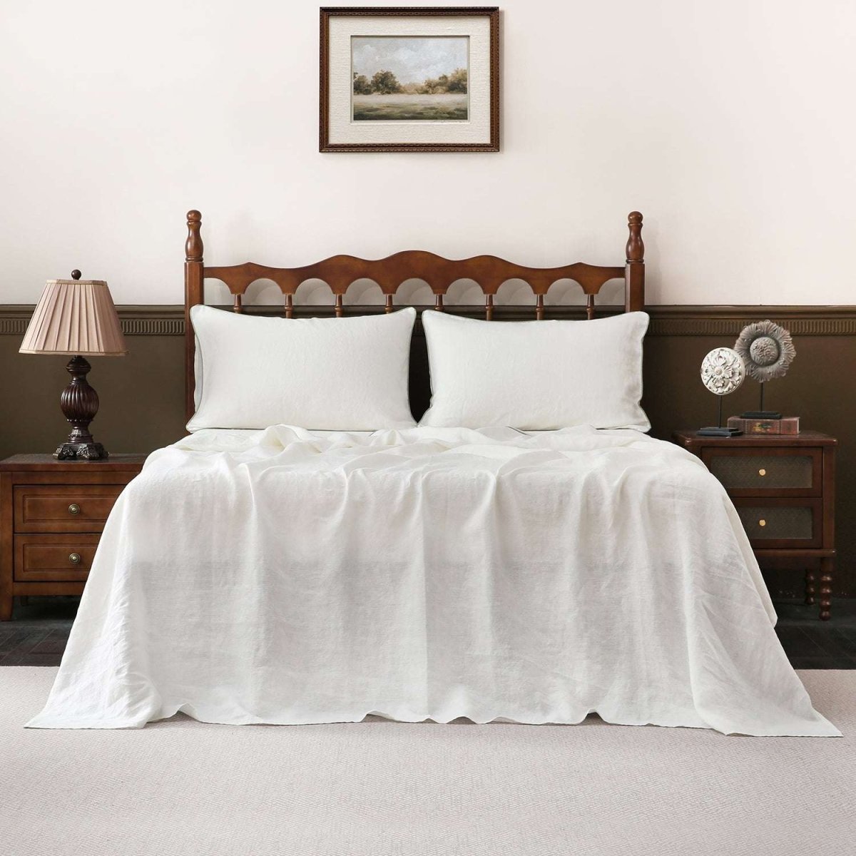 Creamy White With Mint Green Piping 100% Organic Linen Sheets Set - Victory Symbol