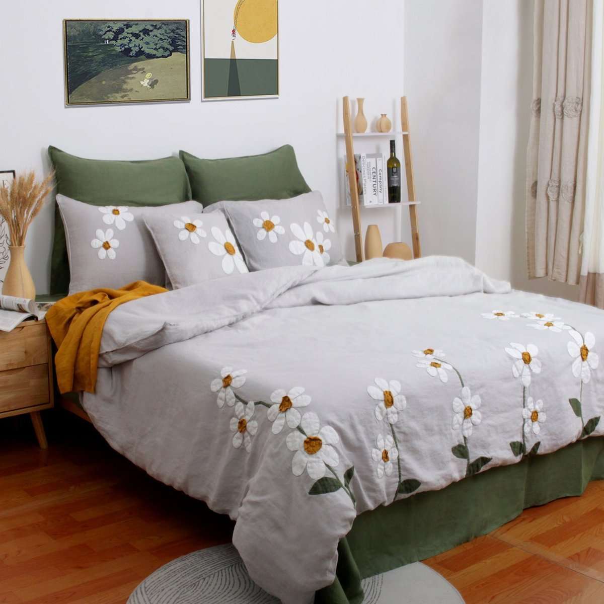 Daisy Flower Applique Embroidery Design 100% Organic Linen Duvet Cover Set - Victory Symbol