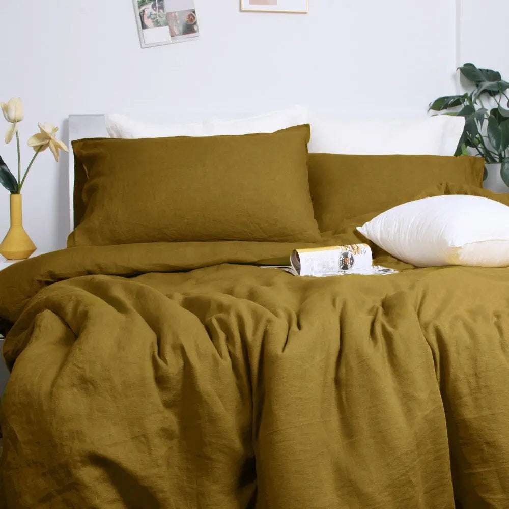 Dark Olive Green 100% Organic Linen Duvet Cover Set - Victory Symbol