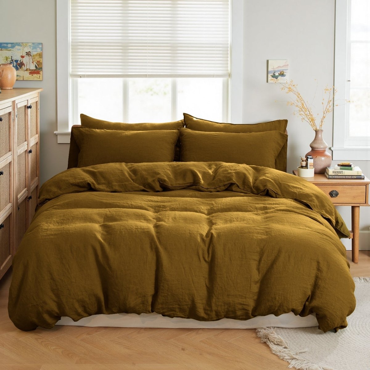 Dark Olive Green 100% Organic Linen Duvet Cover Set - Victory Symbol