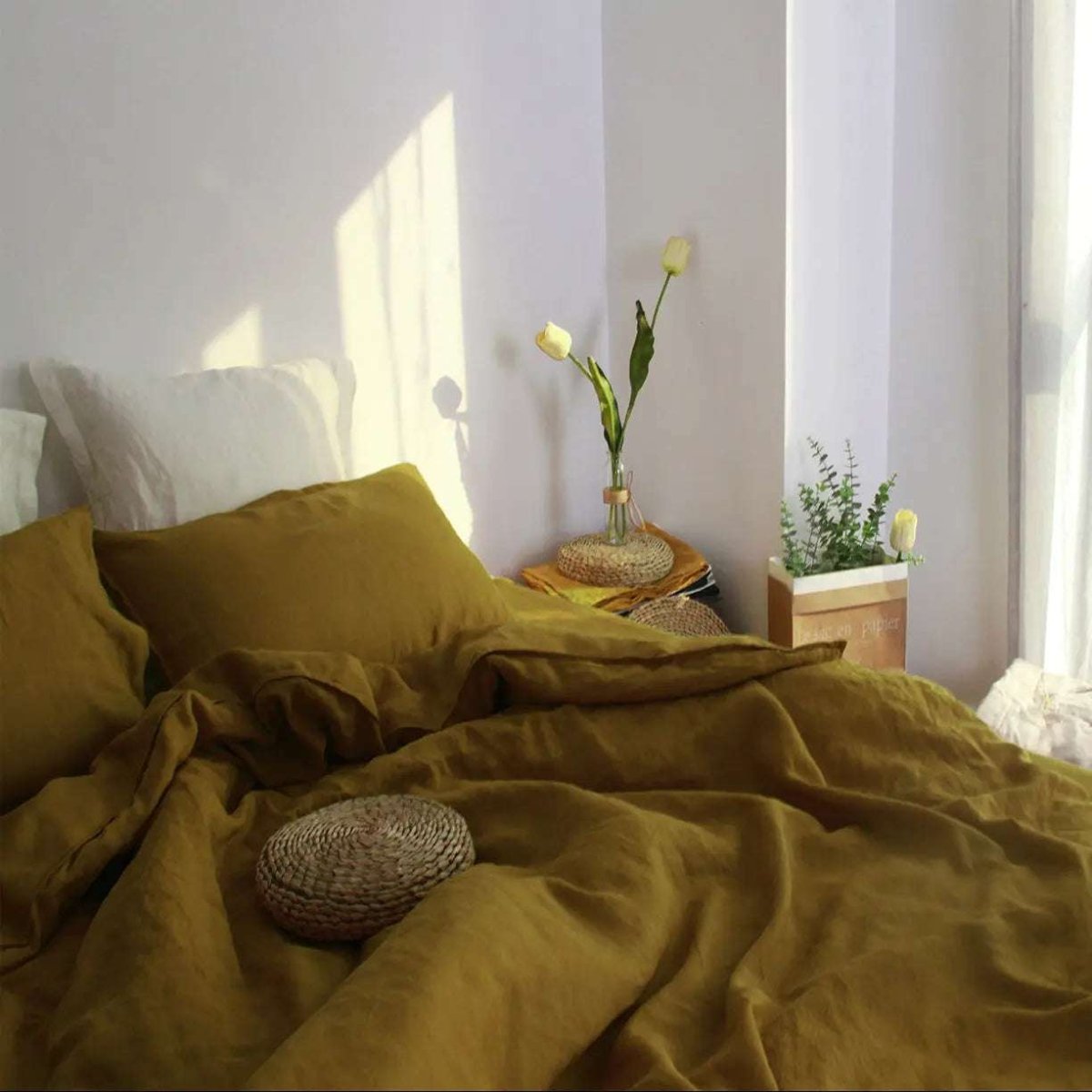 Dark Olive Green 100% Organic Linen Duvet Cover Set - Victory Symbol