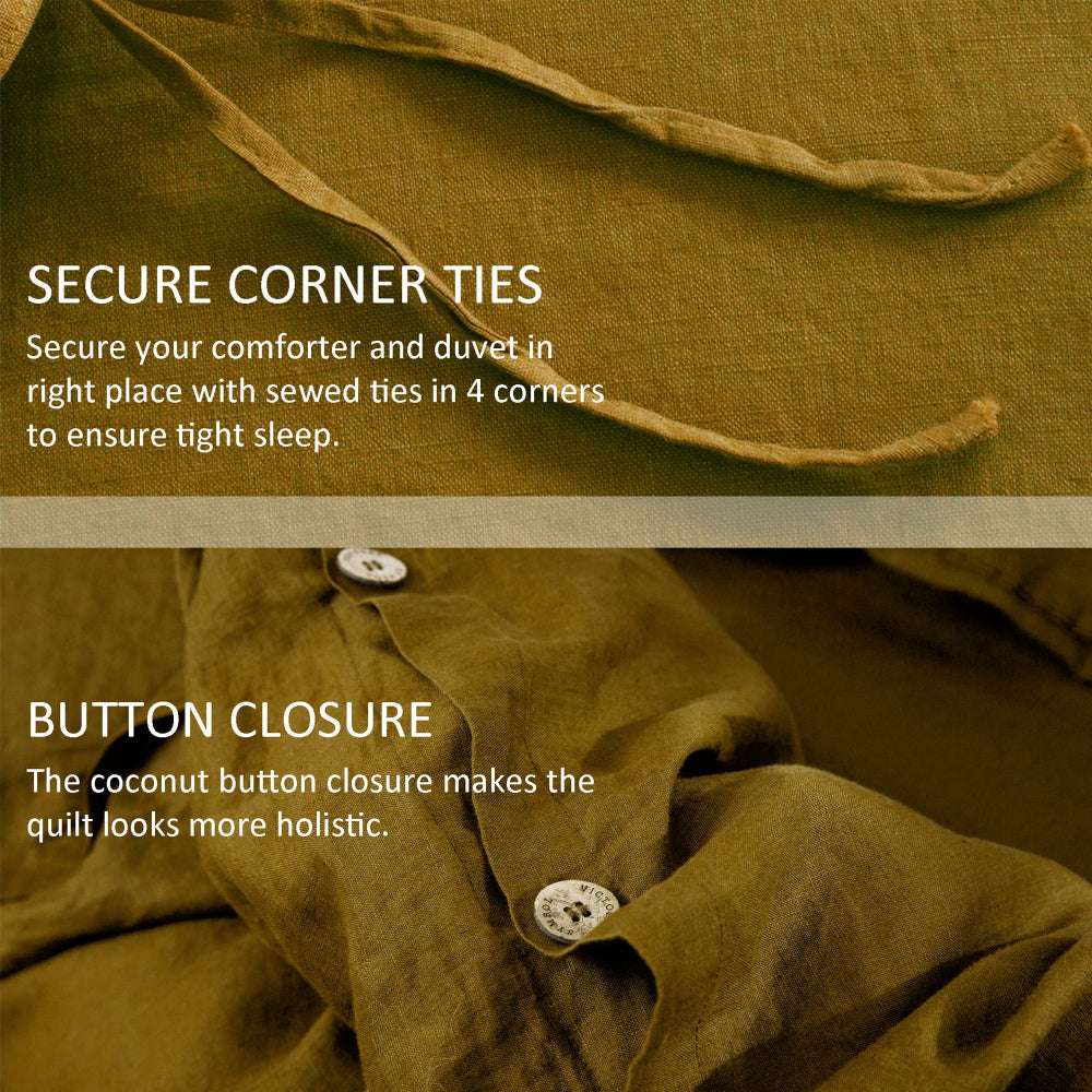 Dark Olive Green 100% Organic Linen Duvet Cover Set With Coconut Buttons - Victory Symbol