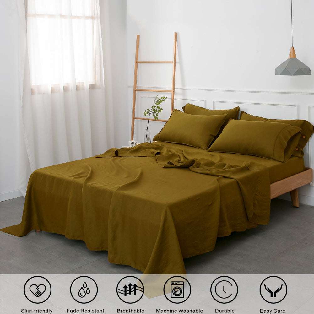 Dark Olive Green 100% Organic Linen Sheets Set - Victory Symbol