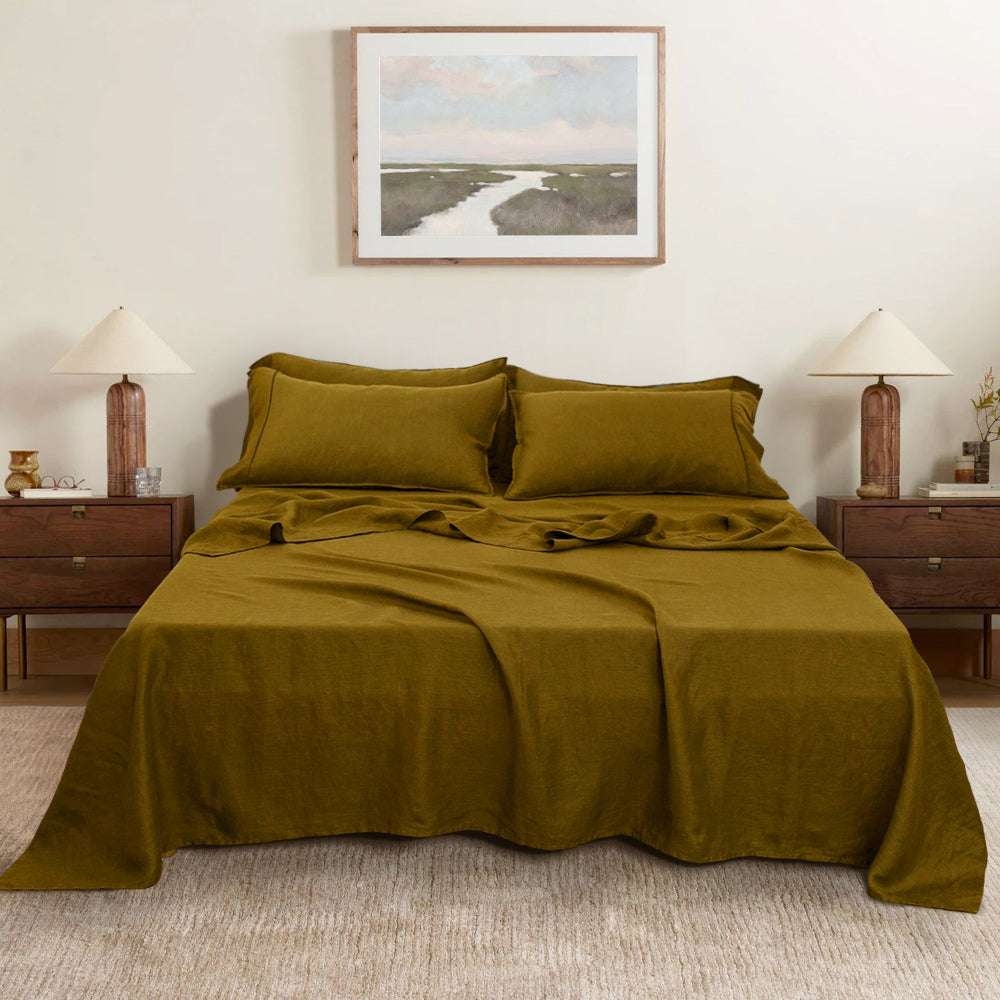 Dark Olive Green 100% Organic Linen Sheets Set - Victory Symbol