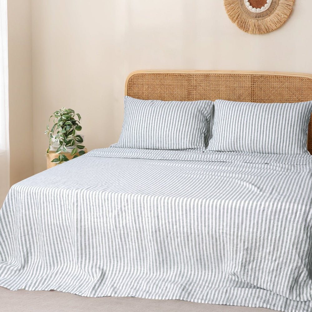 Forest Green Stripe 100% Organic Linen Yarn Dyed Flat Sheet - Victory Symbol