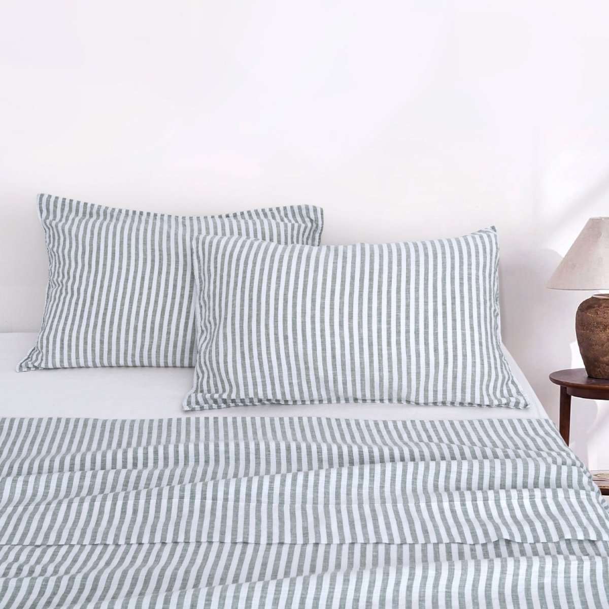 Forest Green Stripe 100% Organic Linen Yarn Dyed Pillowcases - Victory Symbol