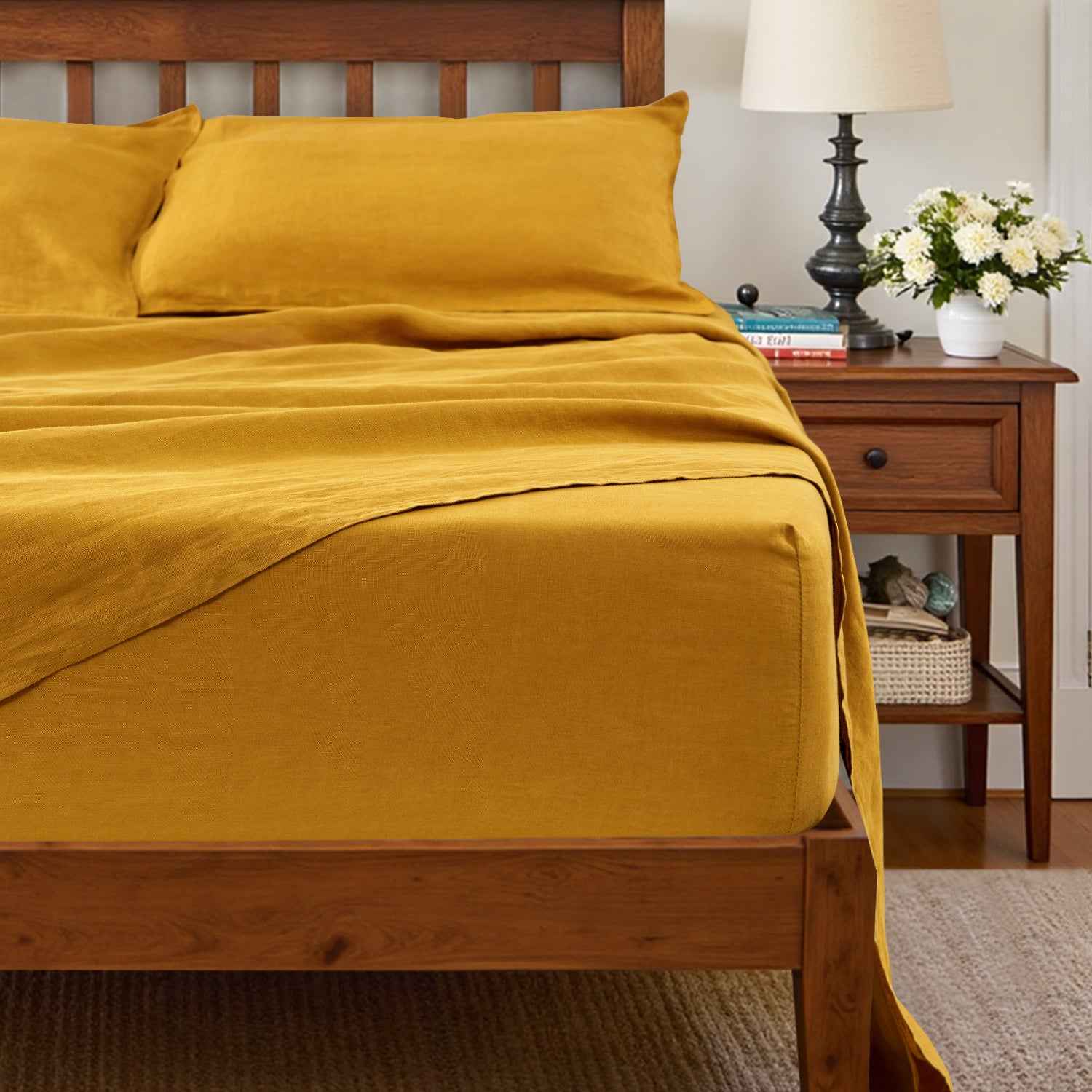 Ginger Yellow 100% Organic Linen Fitted Sheet
