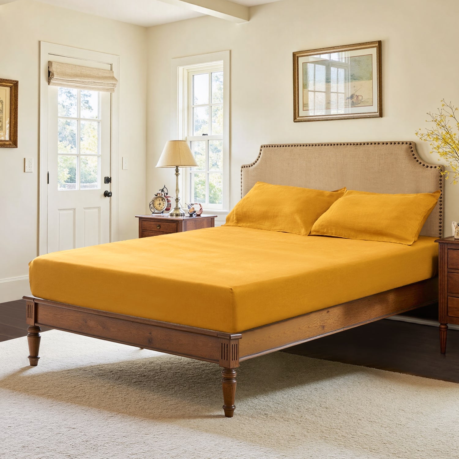 Ginger Yellow 100% Organic Linen Fitted Sheet-Victory Symbol