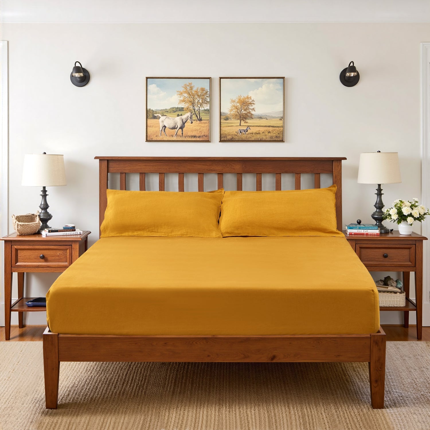 Ginger Yellow 100% Organic Linen Fitted Sheet-Victory Symbol