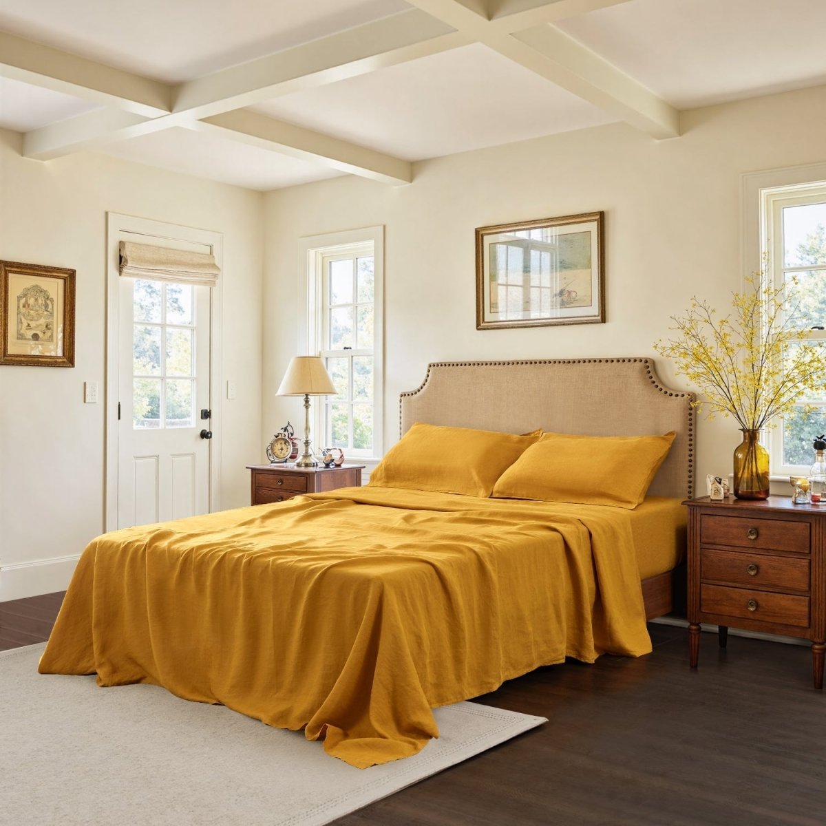 Ginger Yellow 100% Organic Linen Flat Sheet - Victory Symbol