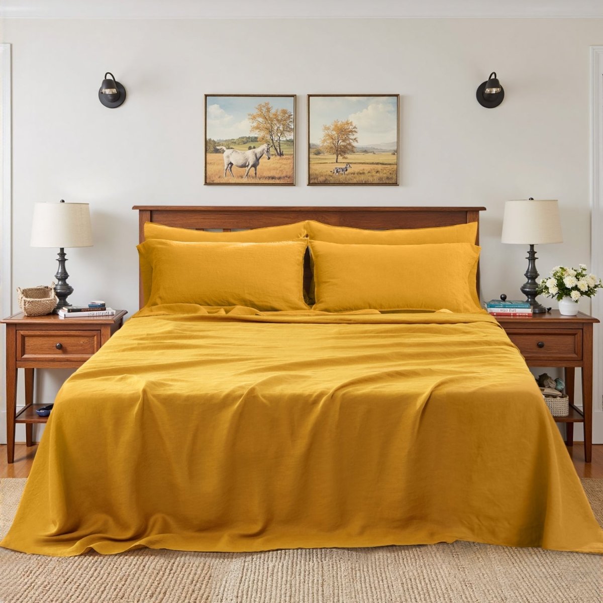 Ginger Yellow 100% Organic Linen Flat Sheet - Victory Symbol