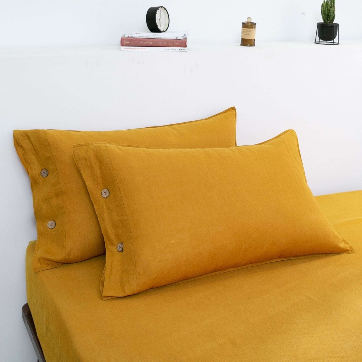 Ginger Yellow 100% Organic Linen Pillowcases With Coconut Button Closure - Victory Symbol