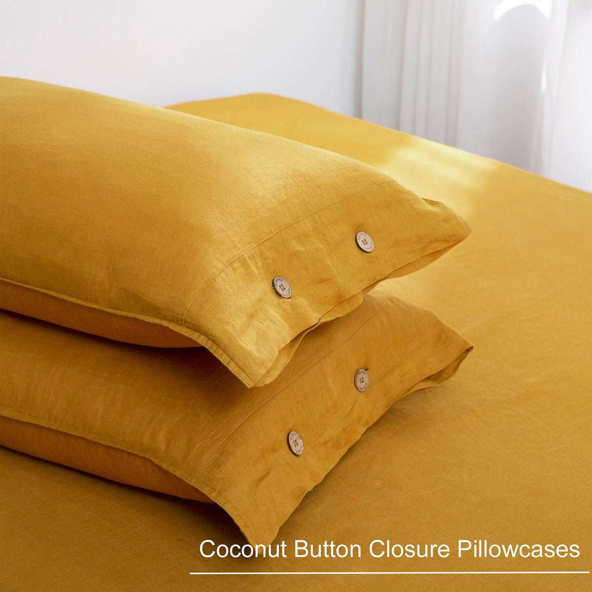 Ginger Yellow 100% Organic Linen Pillowcases With Coconut Button Closure - Victory Symbol