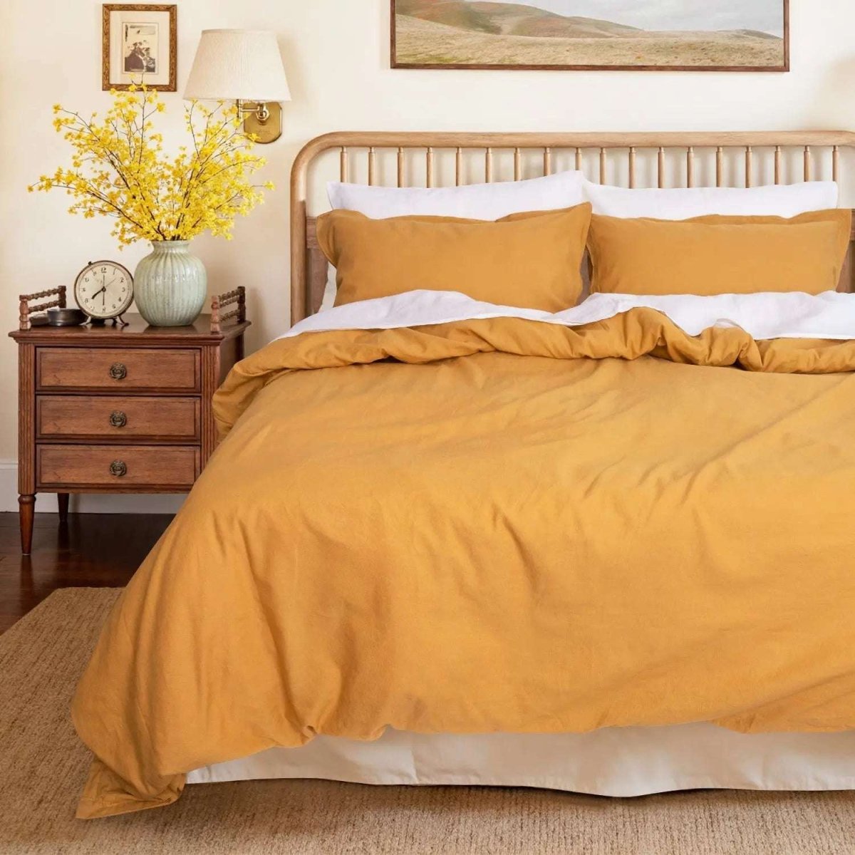 Ginger Yellow Cotton - Linen Mixed Weave Duvet Cover Set - Victory Symbol