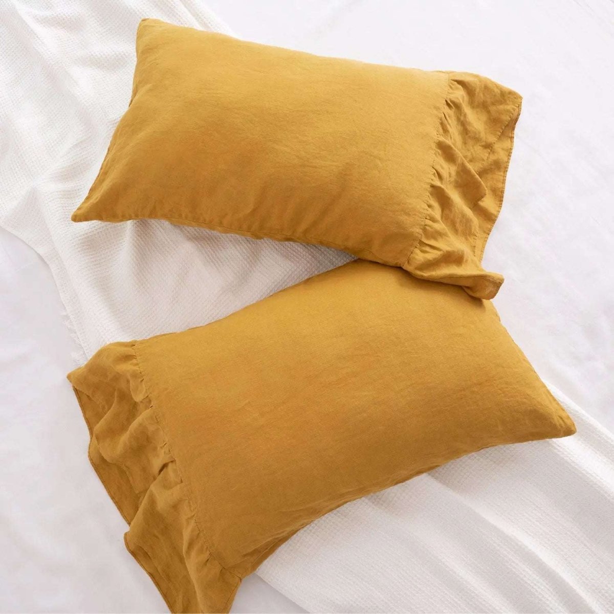 Ginger Yellow Fishtail Ruffle 100% Organic Linen Pillowcases - Victory Symbol