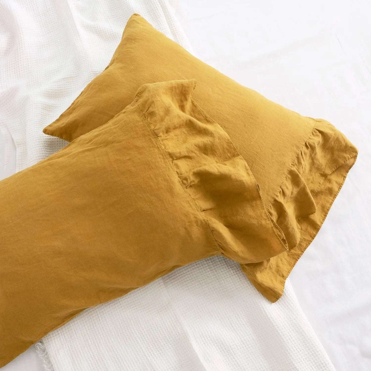 Ginger Yellow Fishtail Ruffle 100% Organic Linen Pillowcases - Victory Symbol