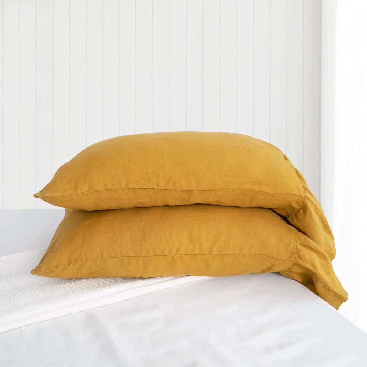 Ginger Yellow Fishtail Ruffle 100% Organic Linen Pillowcases - Victory Symbol