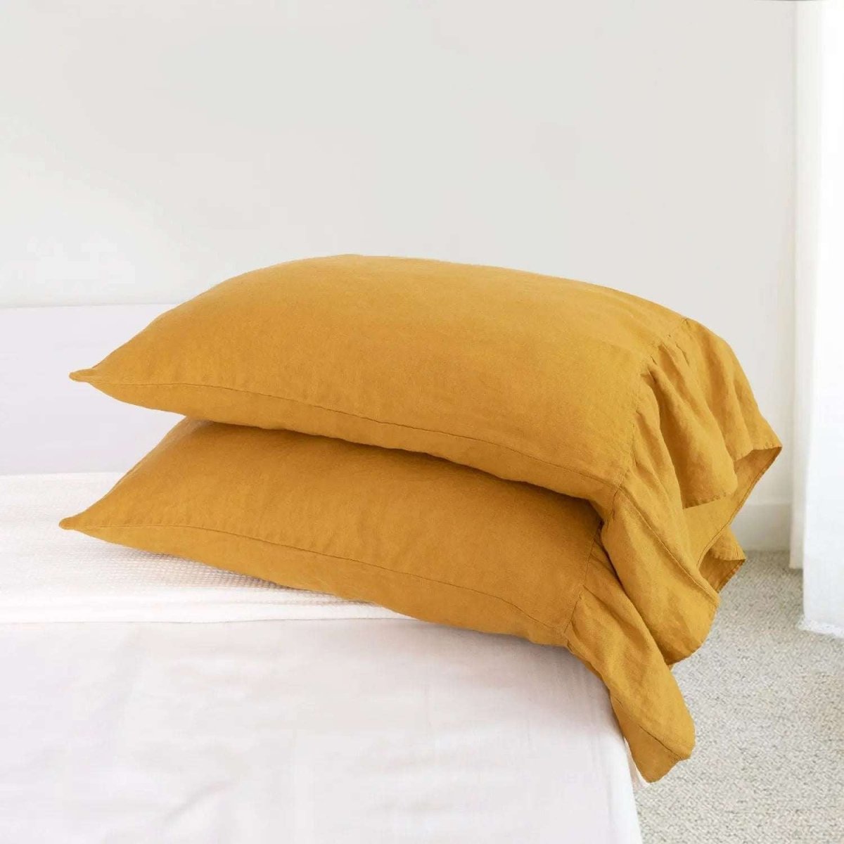 Ginger Yellow Fishtail Ruffle 100% Organic Linen Pillowcases - Victory Symbol