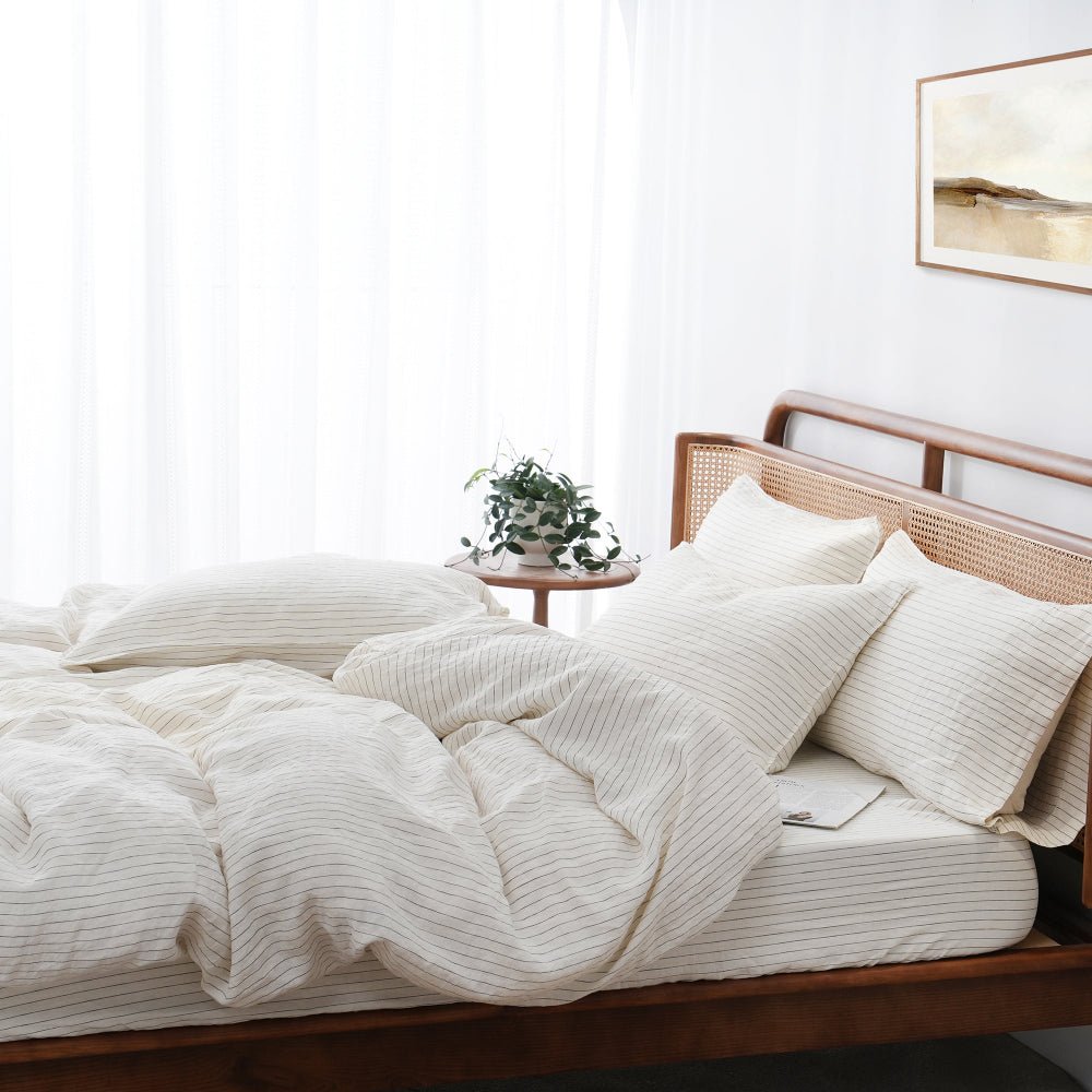 Green Pinstripe 100% Organic Linen Yarn Dyed Duvet Cover(Only 1 Piece) - Victory Symbol