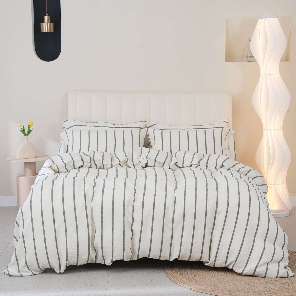 Green Vertical Stripe 100% Organic Linen Yarn Dyed Duvet Cover(Only 1 Piece) - Victory Symbol
