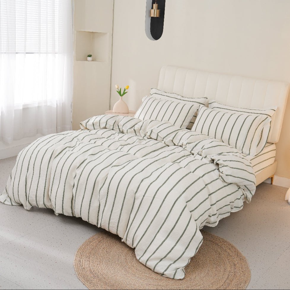 Green Vertical Stripe 100% Organic Linen Yarn Dyed Duvet Cover(Only 1 Piece) - Victory Symbol