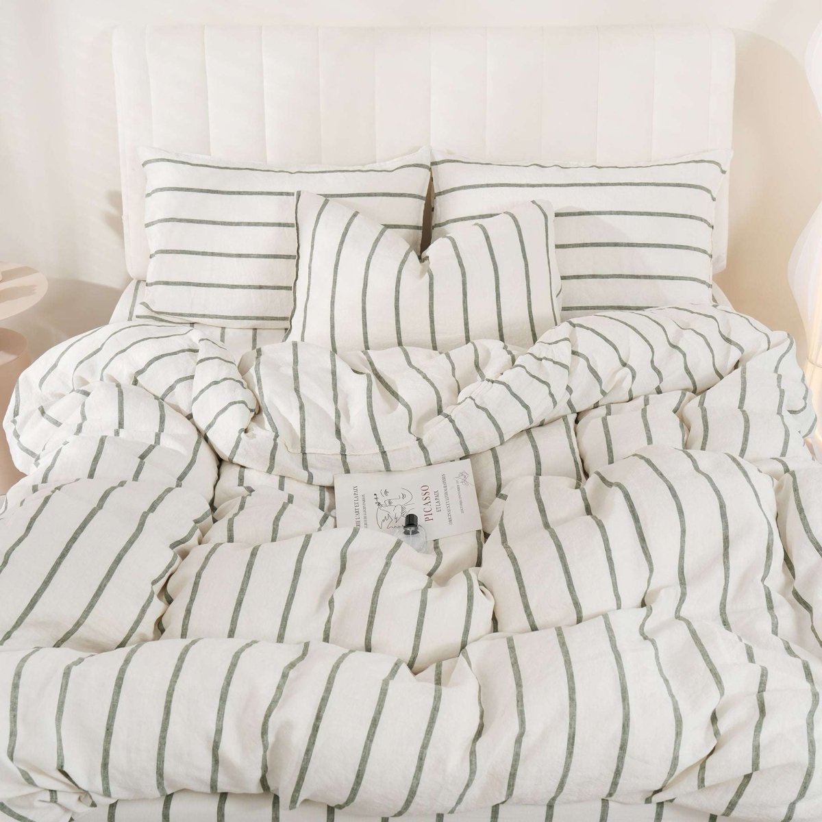 Green Vertical Stripe 100% Organic Linen Yarn Dyed Duvet Cover(Only 1 Piece) - Victory Symbol
