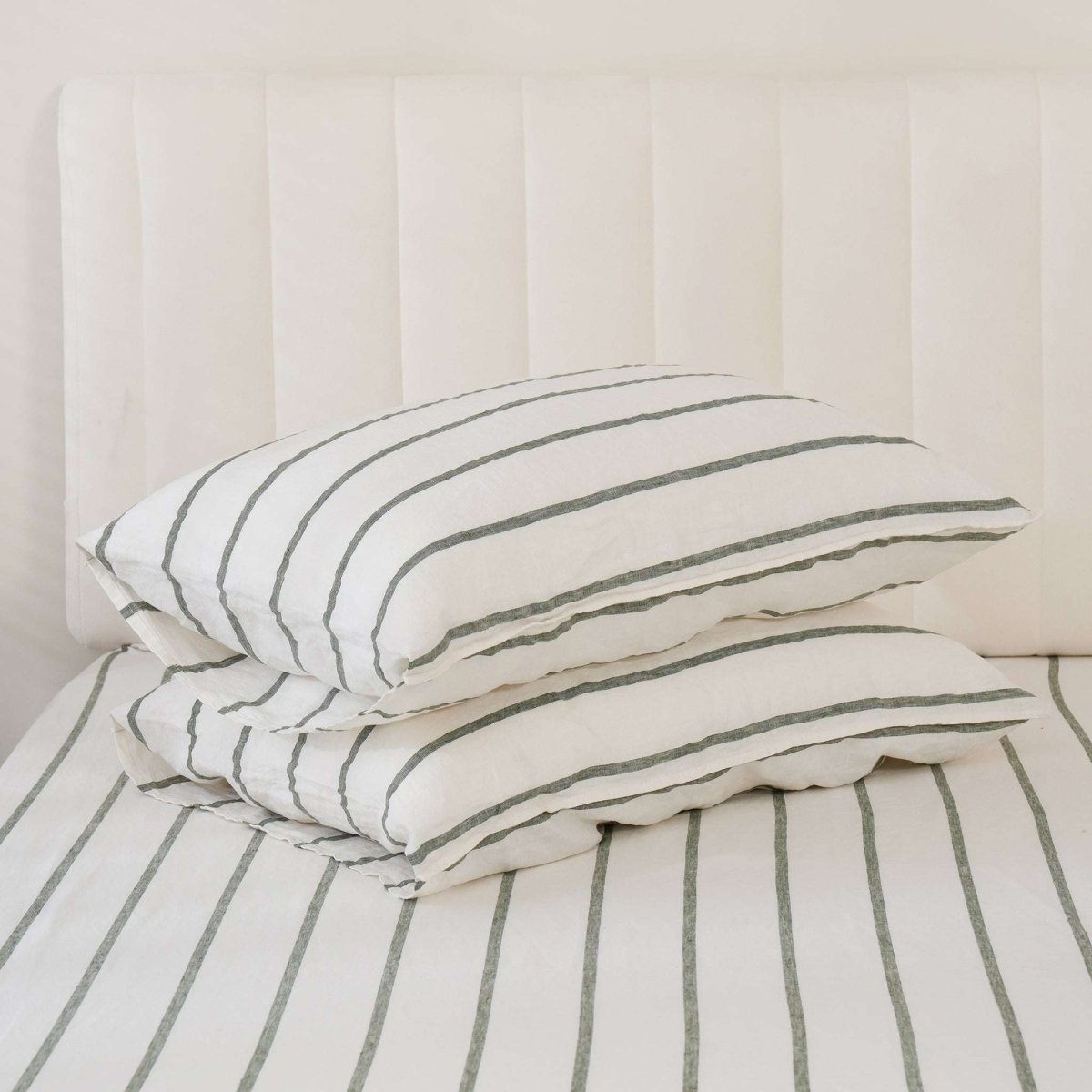 Green Vertical Stripe 100% Organic Linen Yarn Dyed Pillowcases - Victory Symbol