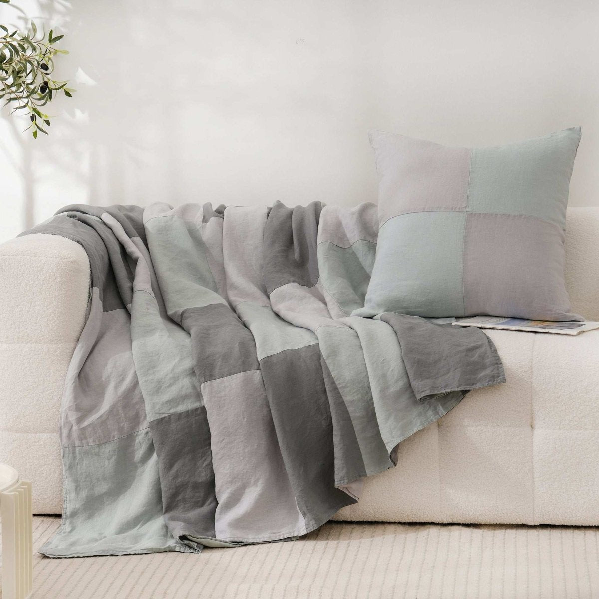 Grey Colorblock 100% Organic Linen Plaid Blanket & Throw - Victory Symbol