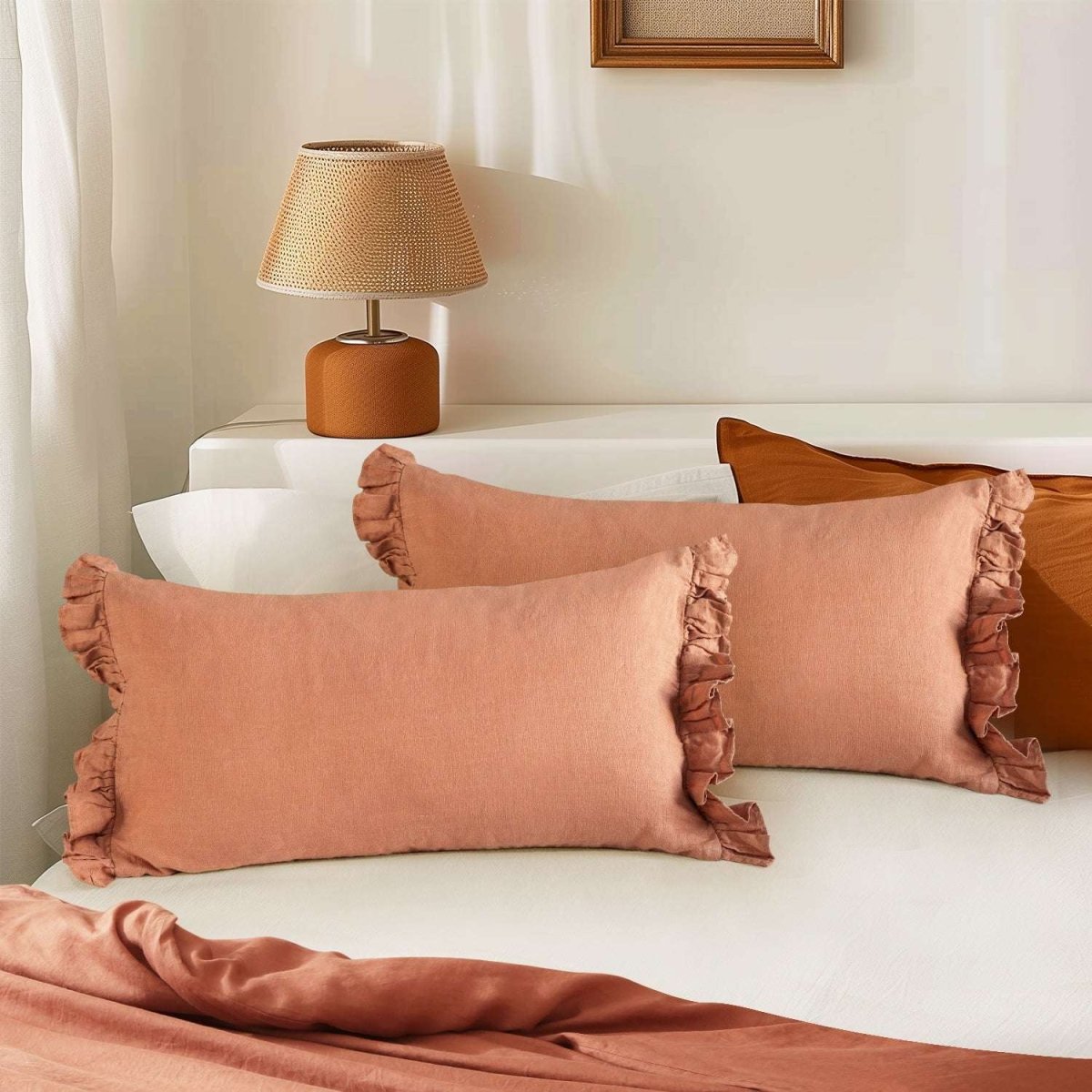Hazelnut 100% Organic Linen Lumbar Pillowcases With Ruffles - Victory Symbol
