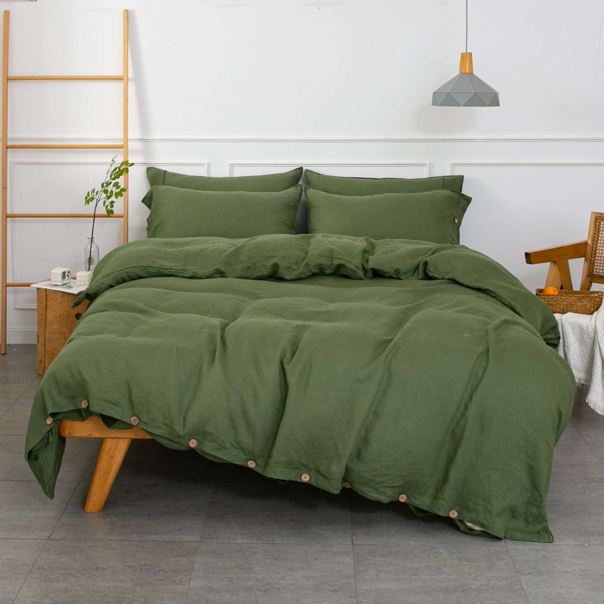 Juniper Green 100% Organic Linen Duvet Cover With Coconut Button Closure(Only 1 Piece) - Victory Symbol