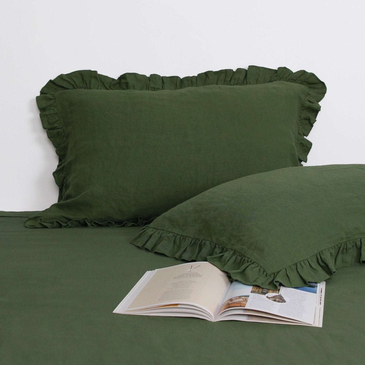 Juniper Green 100% Organic Linen Pillowcases with Ruffles - Victory Symbol