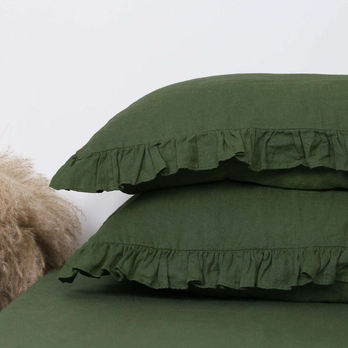Juniper Green 100% Organic Linen Pillowcases with Ruffles - Victory Symbol